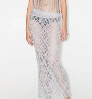 Zara Metallic Silver Open Knit Embroidered Mesh Skirt Midi / Maxi Size Large